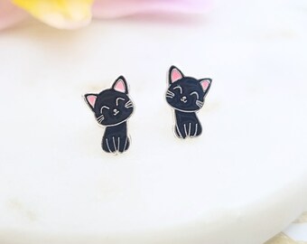 Cute little black cat stud earrings, minimalist studs, small kitten earrings, cat lover gift, cat jewellery, best friend gift, daughter gift