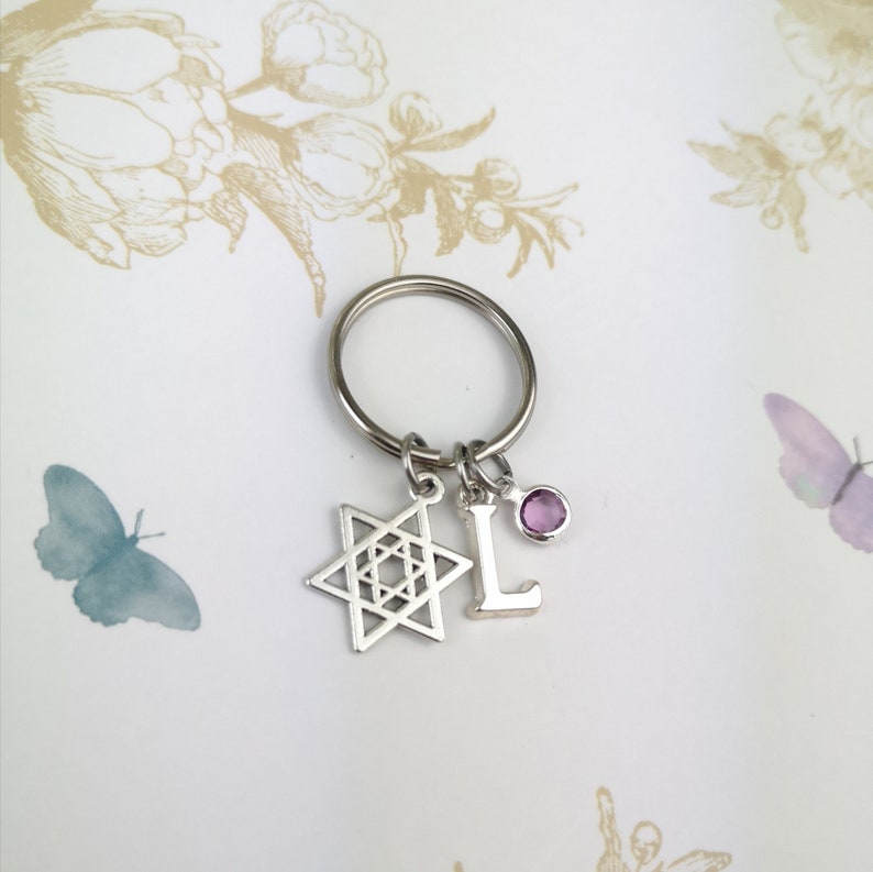 Star of david keychain, magen david, personalized gift, jewish star, initial keychain, david star pendant, birthstone keyring, hebrew charm image 2