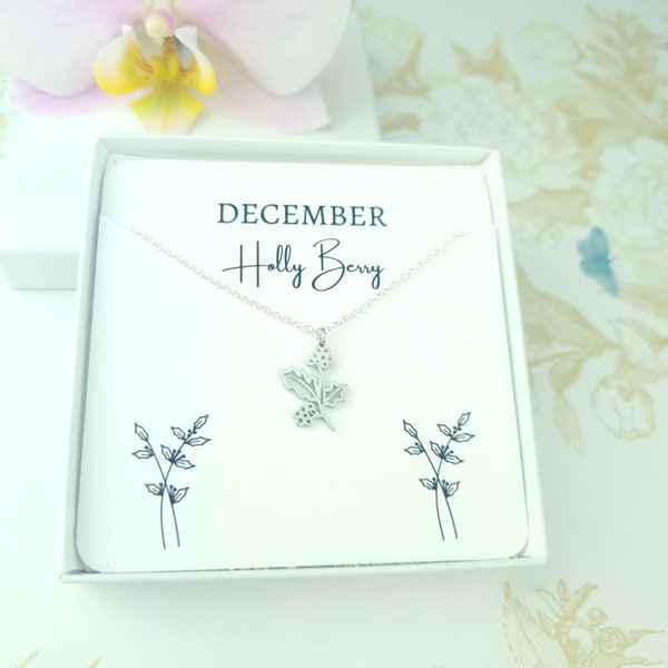 Birth month flower necklace, sterling silver holly charm necklace, wildflower jewellery, December birthday Christmas gift, botanical floral