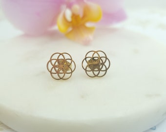 Mandala flower stud earrings, minimalist geometric mandala earrings, yoga teacher gift, simple and small summer studs, 14K gold plated