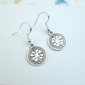 Sterling silver four leaf clover dangle earrings, shamrock jewellery, lucky clover drop earrings, good luck gift, 4 leaf clover Irish charm