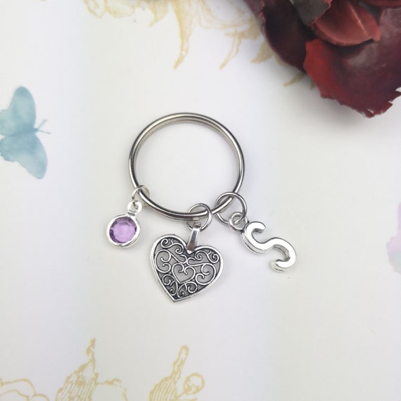 Keychain Personalised Initial and Birthstone I love knitting Keyring