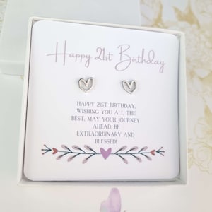 21.Geburtstag Geschenke für sie, minimalistische Herz Ohrstecker, alles Gute zum 21. Geburtstag für Tochter, Schwester, beste Freundin, Nachricht Gedicht Kartengeschenk