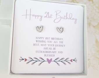 21st birthday gifts for her, minimalist heart stud earrings, happy 21st birthday for daughter, sister, best friend, message poem card gift