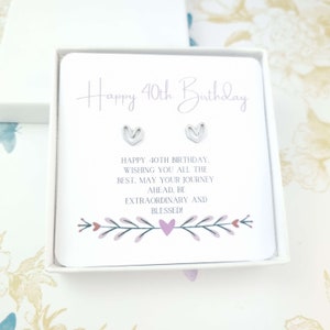 Cadeaux pour 40e anniversaire pour femme, puces d'oreilles coeur minimalistes avec carte à message, joyeux 40e anniversaire, bijoux de 40 ans, meilleure amie