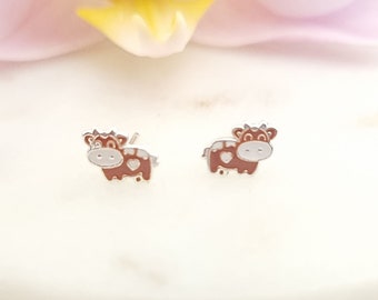 Cute cow stud earrings in sterling silver, minimalist studs, small cow earrings, farm gift, little girls jewellery, animal lover gift