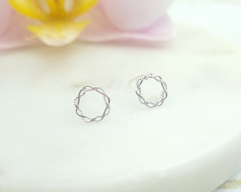 Twisted circle stud earrings in sterling silver, open circle studs for women and girls, minimalist dainty stud earrings, mini stud earrings