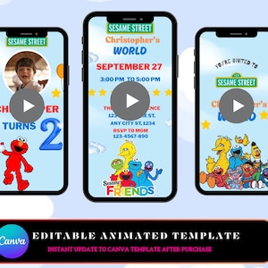Può includere: Tre smartphone che mostrano inviti per feste di compleanno a tema Sesame Street. Gli inviti presentano Elmo, Big Bird, Cookie Monster e altri personaggi. Il banner in basso recita "Modello animato modificabile" con il logo Canva.