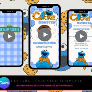 May include: Three smartphones showing animated birthday invitations with a Cookie Monster theme. The invitations read "Our Little Cookie Monster" and "Christopher is turning two!" The background includes cookies and Sesame Street elements.