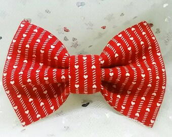 Valentine's Day Tiny White Hearts and Stripes on Red Dog/Cat Bow Tie