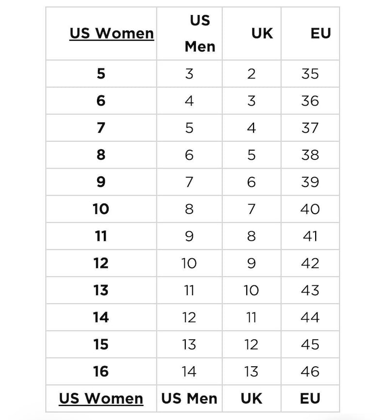 Puede incluir: Una tabla de conversi&oacute;n de tallas de zapatos con columnas para tallas de EE. UU. para mujeres, EE. UU. para hombres, Reino Unido y UE. La tabla enumera tallas de la talla 5 a la 16 de EE. UU. para mujeres, con las tallas correspondientes en los otros sistemas.