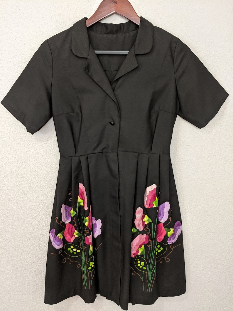 A-line Floral Embroidery Small Petite Hand Embroidered Gown 60s70s Black Embroidered Dress