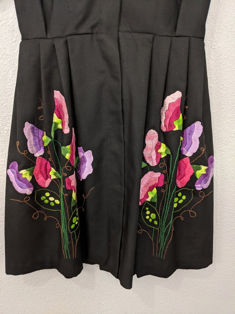 A-line Floral Embroidery Small Petite Hand Embroidered Gown 60s70s Black Embroidered Dress