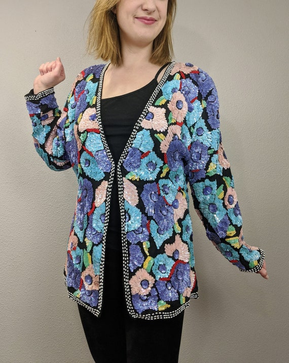 80s Rare Large Floral Sequins Jacket, Vintage Jewe