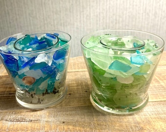 Sea Glass Candle Holder: Beach Votive Container, Coastal Decor Gift