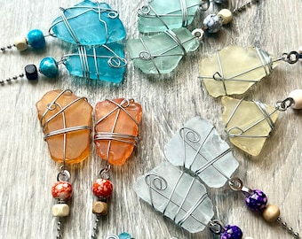 Set of 2 fan pulls Wire wrapped sea glass Ceiling fan chains  Beach decor