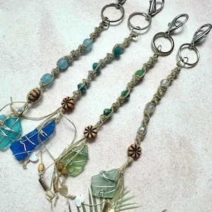 Hemp Macrame Keychain with Sea Glass, Beads, Shells – Beachy Purse Charm