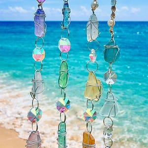 Sea Glass Car Mirror Hanger: Beaded Hemp Macrame Suncatcher