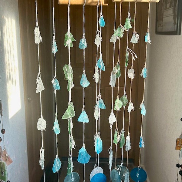 Sea glass Capiz shells Mobile hanger Beach glass Wire wrapped seaglass Ocean theme decor Blue glass mobile Driftwood Handmade Free shipping