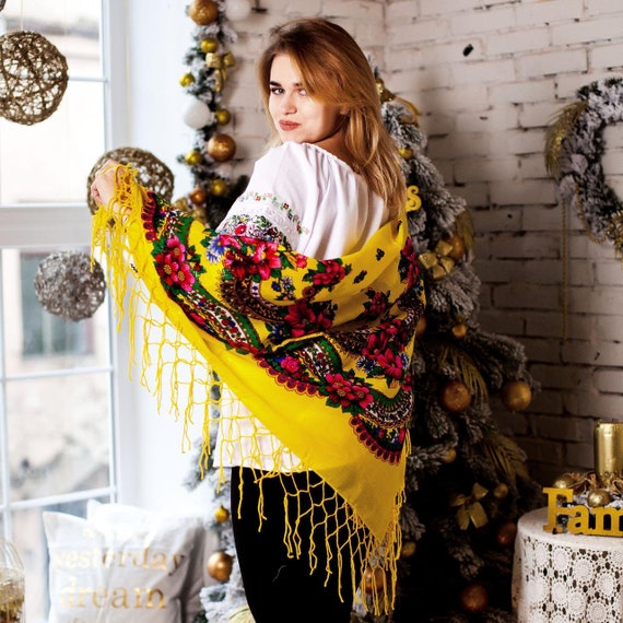 Head Scarf Ukrainian Polish Russian Yellow 125x125cm Etsy