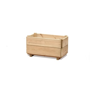 May include: A rectangular wooden planter box with a natural finish. The planter has a simple design with a raised bottom and is made of unfinished wood.