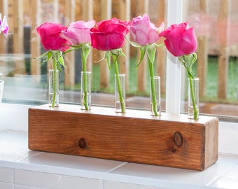 Rustic Wooden Test Tube Flower Stand - with Glass Test Tube - Test Tube Rack - Wedding Centrepiece