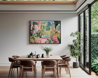 May include: A modern dining room with a large framed painting of a tropical garden scene above a wooden table with six chairs. The painting features a pink and green color scheme with a pool in the background.