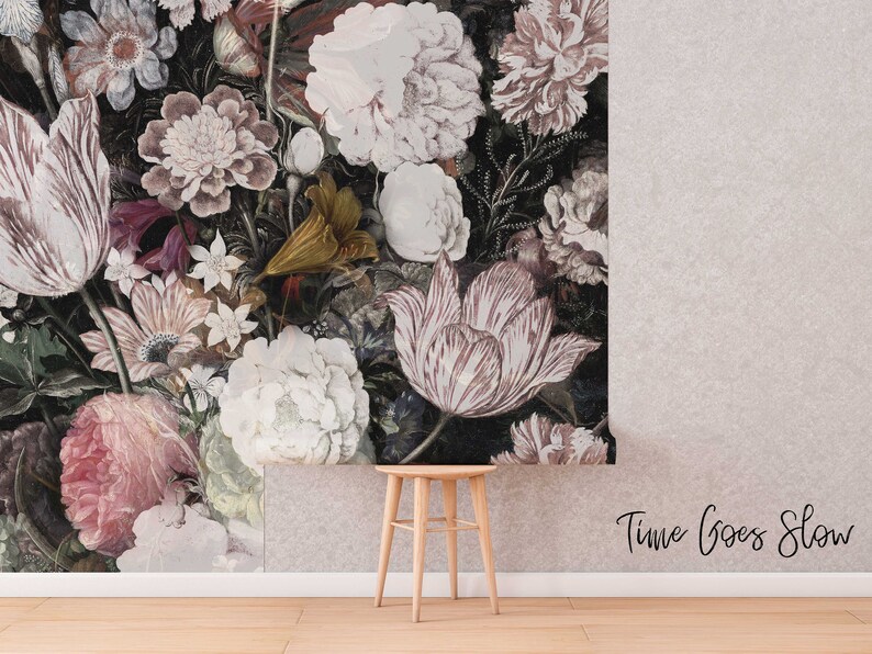 Dutch Floral Art Removable Wallpaper Vintage Painted Mural Etsy