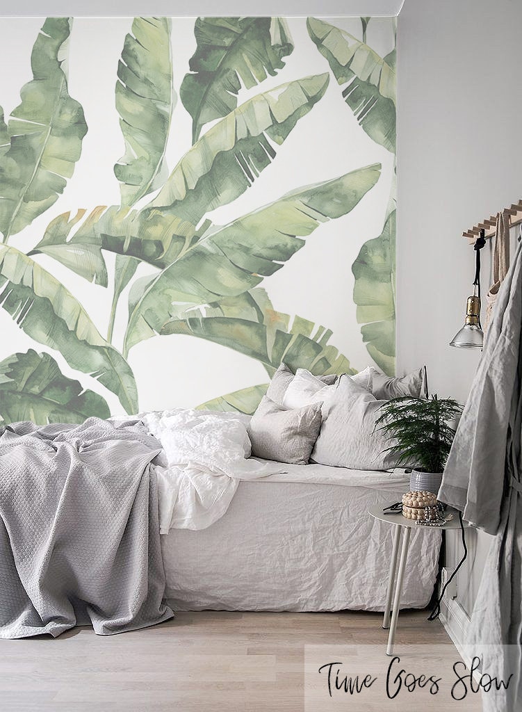 Feuilles de Bananier Vertes Papier Peint Amovible | Dessin Exotique Alternatif Murale Repositionnabl