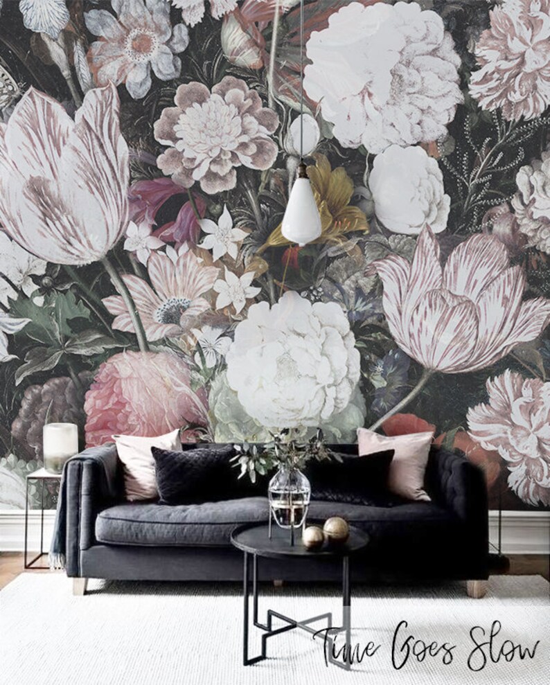 Dutch Floral Art Removable Wallpaper Vintage Painted Mural Etsy