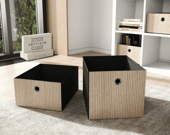 Storage basket with wooden slatted overlay, kallax shelf insert, ikea kallax basket, storage organization, boxes and baskets, cube bin, M