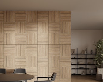 May include: A wall covered in light brown wooden panels arranged in a square grid pattern with alternating vertical and horizontal grain directions. The panels feature a natural wood texture and are installed in a repeating geometric layout.