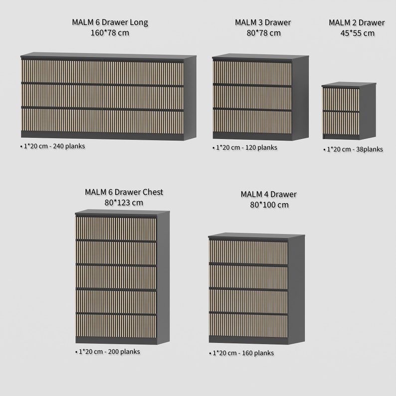 May include: A collection of gray wooden drawer chests with light wood slat fronts. The chests vary in size, including a long six-drawer chest (160 cm x 78 cm), a three-drawer chest (80 cm x 78 cm), and a two-drawer chest (45 cm x 55 cm). The image also shows a six-drawer chest (80 cm x 123 cm) and a four-drawer chest (80 cm x 100 cm).