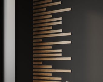Horizontal slats in the corner on the wall, wide wall slats , accent wall design, decor living room, wood slat accent DIY