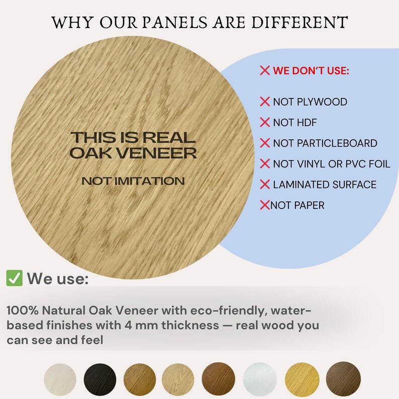 K&ouml;nnte beinhalten: Ein kreisf&ouml;rmiges Muster aus hellem Eichenfurnier mit sichtbarer Holzmaserung. Der Text lautet: THIS IS REAL OAK VENEER NOT IMITATION. Eine Liste ausgeschlossener Materialien umfasst Sperrholz, HDF, Spanplatten, Vinyl, PVC-Folie, Laminat und Papier. 4 mm.