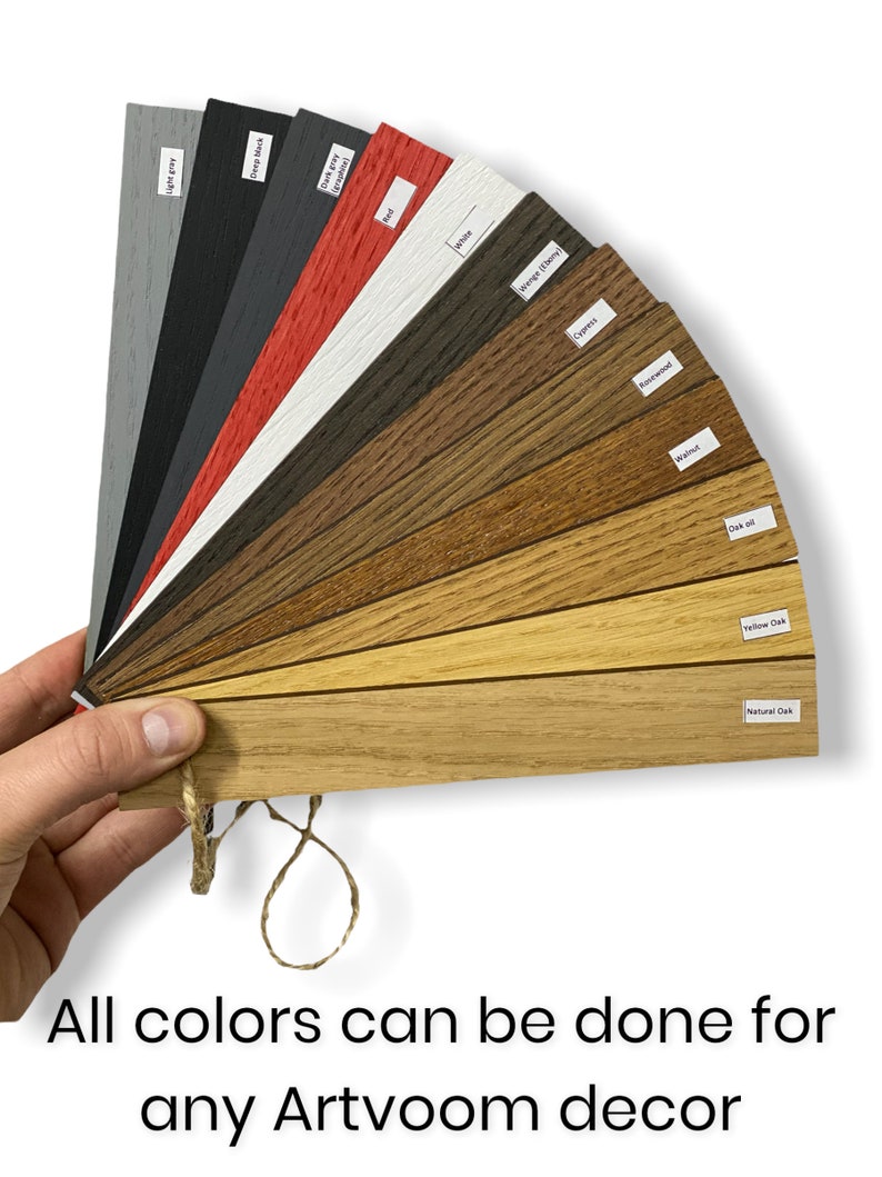 The photo shows colors of wood for wood wall slats :natural oak, yellow oak, oil oak, walnut, rosewood, white, wenge, red.