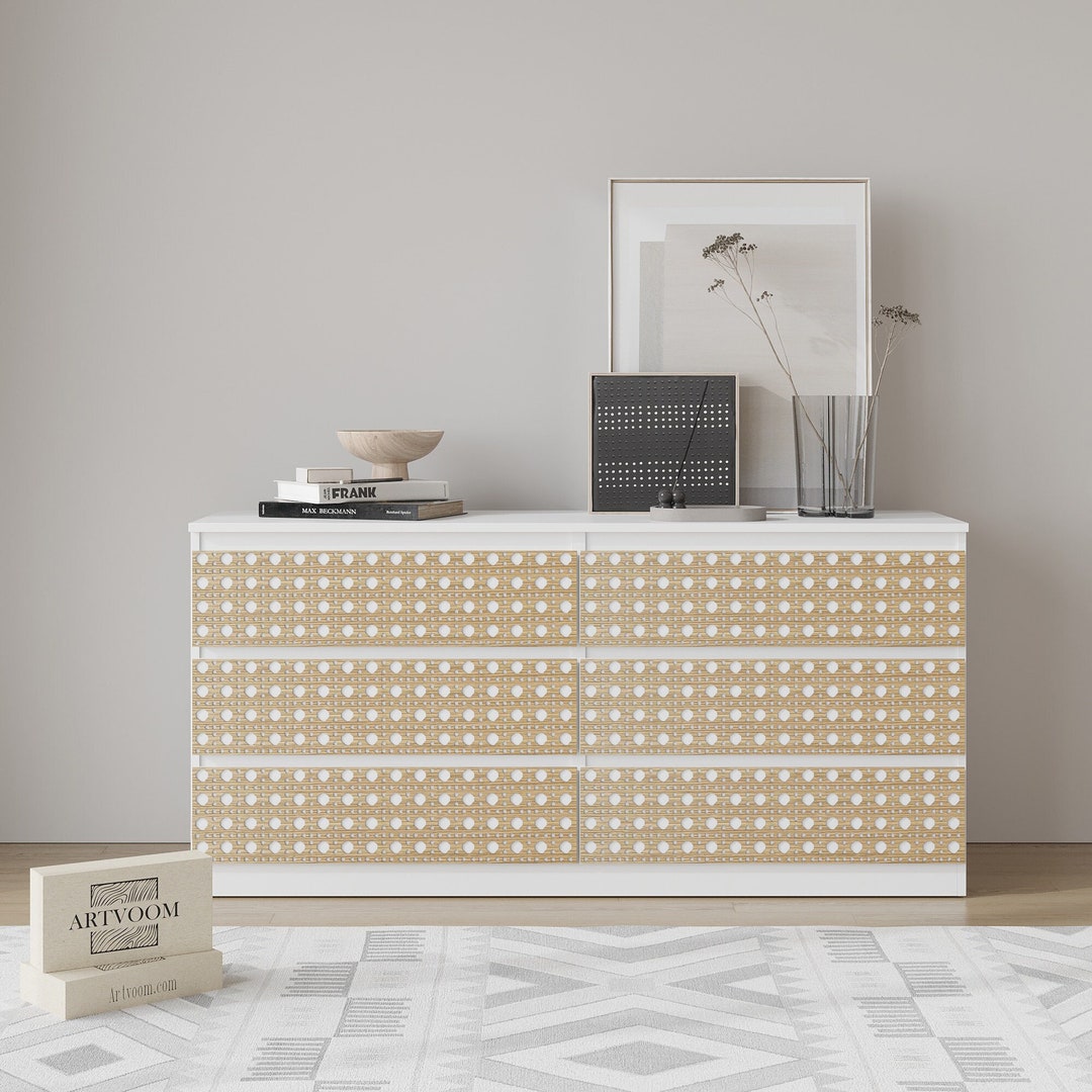Malm Dresser Overlay, Furniture Drawer Wooden Decal, Rattan Pattern