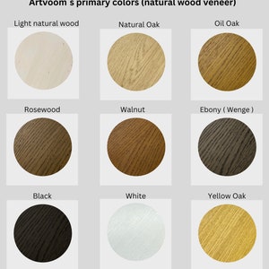 May include: Image showcasing nine circular samples of natural wood veneer colors. The colors include light natural wood, natural oak, oil oak, rosewood, walnut, ebony, black, white, and yellow oak. The text "Artvoom's primary colors (natural wood veneer)" is at the top.