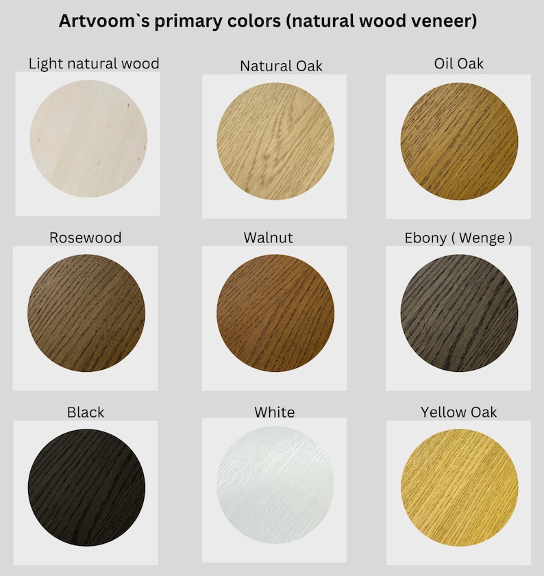 May include: Image showcasing nine circular samples of natural wood veneer colors. The colors include light natural wood, natural oak, oil oak, rosewood, walnut, ebony, black, white, and yellow oak. The text "Artvoom's primary colors (natural wood veneer)" is at the top.