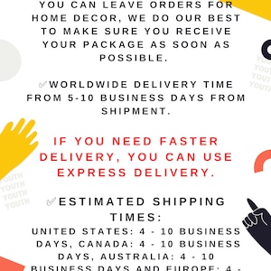 ✅ESTIMATED SHIPPING TIMES:
United States: 4 - 10 business days, Canada: 4 - 10 business days, Australia: 4 - 10 business days and Europe: 4 - 10 business days