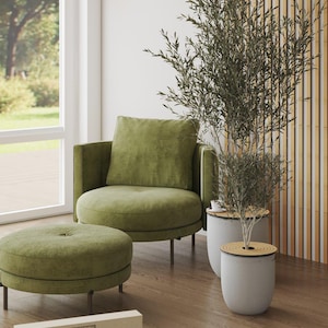 Puede incluir: Un sillón de terciopelo verde oliva con un taburete redondo a juego, acompañado de dos maceteros cilíndricos blancos con tapas de madera, cada uno con un olivo verde alto, y una caja rectangular con la etiqueta ARTVOOM en primer plano.