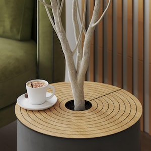 Dekorativer Mulchring aus Eichenfurnier für Pflanzentöpfe, Gartenbedarf, handgefertigter Holzpflanztopf сover, kann eine Kaffeetischoptik haben