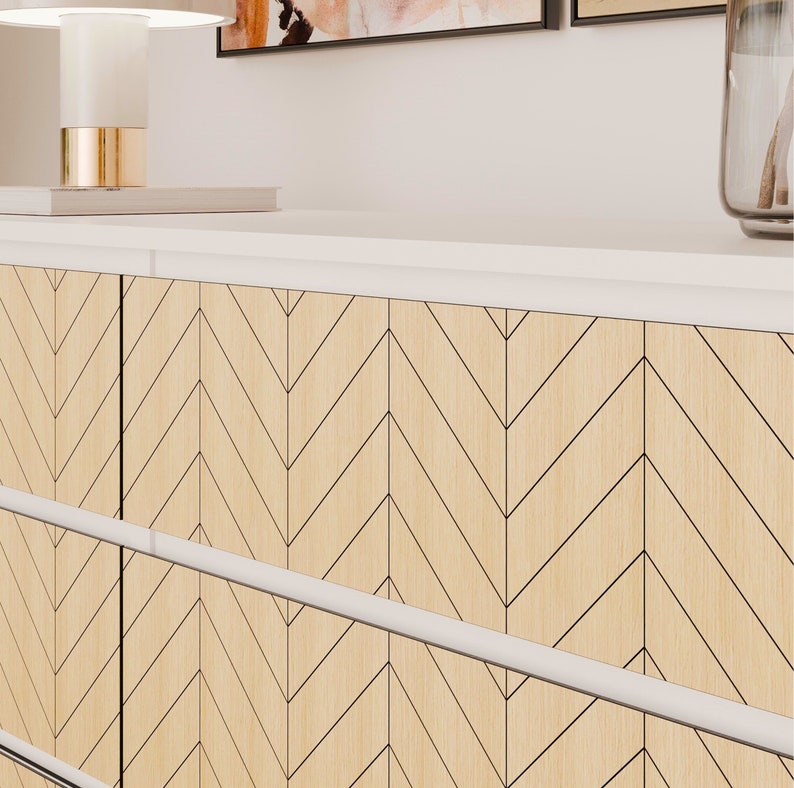 Malm Kommode Overlay Fischgrätmuster, Möbel Schublade Overlay, Fischgrätmuster, Chevron Brettchen, Ikea Hack, Möbel Aufkleber, Malm Kommode Bild 2