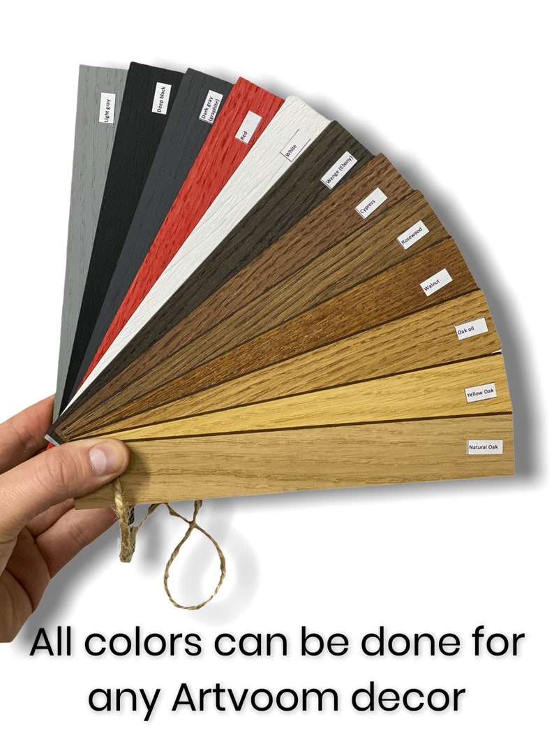 May include: A color chart showing different wood finishes for a product. The finishes include light gray, deep black, dark gray, red, white, walnut, rosewood, cypress, oak oil, yellow oak, and natural oak.