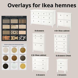 Op de afbeelding: Overlays voor Ikea Hemnes meubels met een selectie van twaalf houtpatroonontwerpen en negen kleuropties. De afbeelding toont diverse witte opbergmeubels, waaronder een ladekast met acht laden, schoenenkasten, een ladekast met zes laden en nachtkastjes.