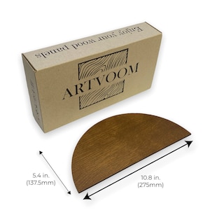 May include: A brown wooden half-circle shelf with rounded edges. The shelf measures 10.8 inches wide and 5.4 inches deep. The shelf is made of wood with a natural grain pattern.