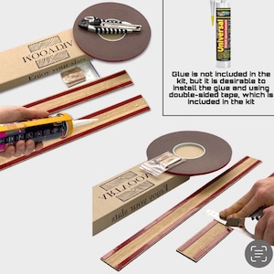 May include: A close-up of a brown wooden slat with a red stripe. The slat is being installed using double-sided tape. The text "Enjoy your slats" is visible on the box. Glue is not included in the kit, but it is desirable to install the glue and using double-sided tape, which is included in the kit.