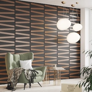 May include: A wall paneling system featuring horizontal wooden slats in a light brown finish arranged in a repeating geometric pattern against a dark gray wall, accompanied by three white spherical pendant lights and a sage green armchair.