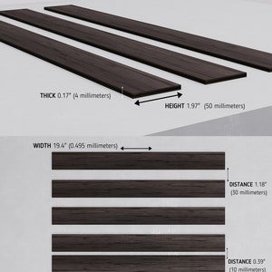 The photo shows the size of the wooden wall slat:
📐The size of one wide slat!
Height 19.4" (495 millimeters)
Width 1.18" (50 millimetres)
Thick 0.17" (4 millimetres)