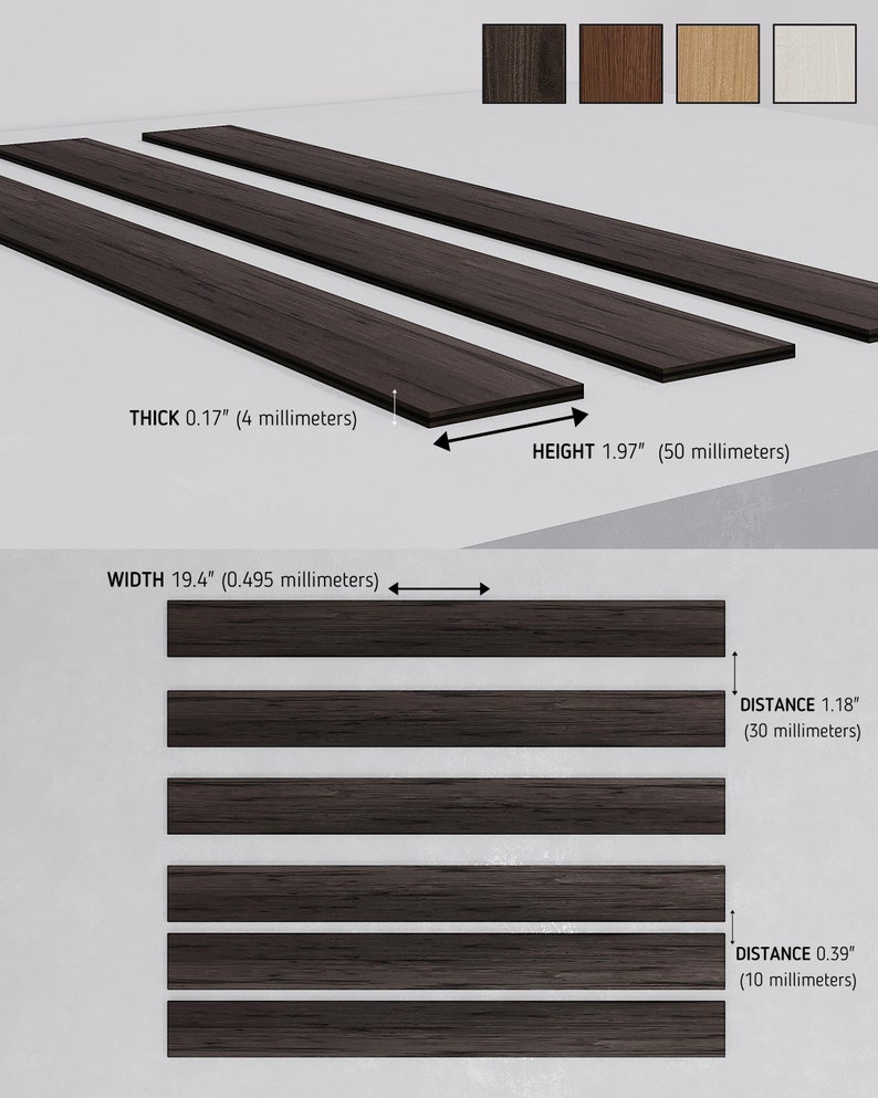 The photo shows the size of the wooden wall slat:
📐The size of one wide slat!
Height 19.4" (495 millimeters)
Width 1.18" (50 millimetres)
Thick 0.17" (4 millimetres)